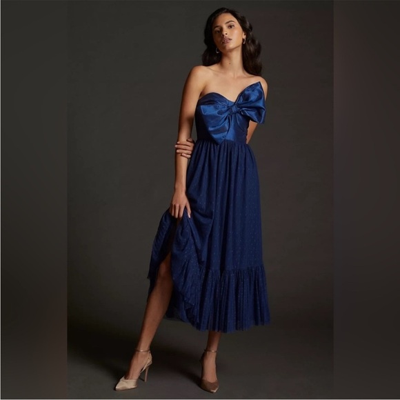 Anthropologie Hutch Tulle Navy Bowtie Midi Dress - Picture 2 of 16